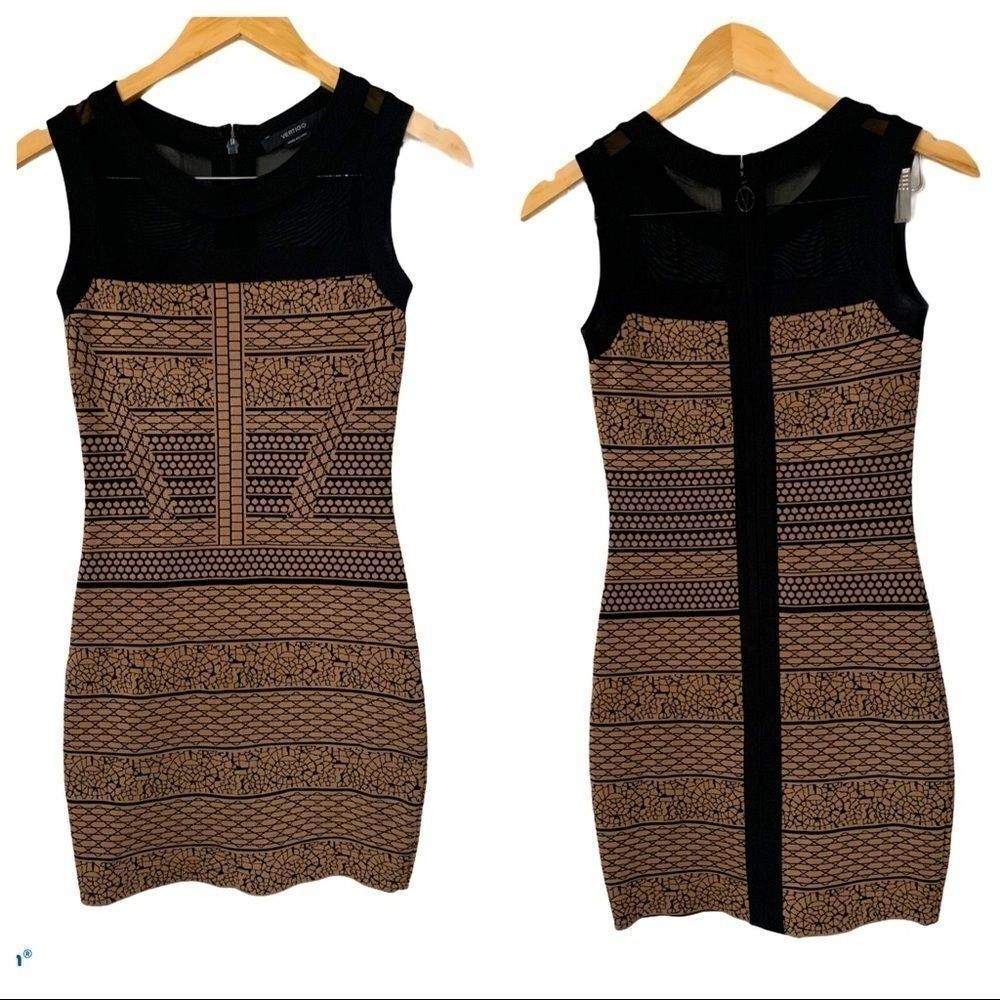 EUC Vertigo Bodycon Black Tan Aztec Print Dress S